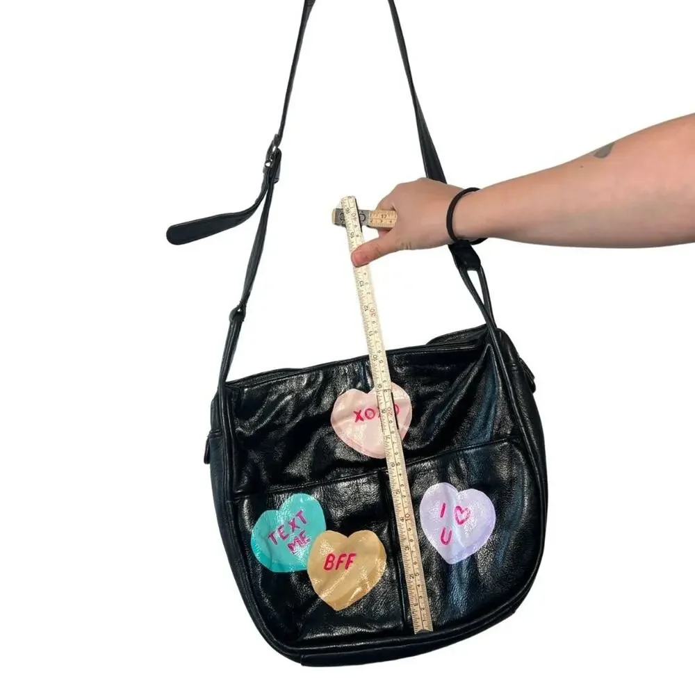 Black Leather Hand Painted Sweethearts Purse Graphic Cheeky Whimsy Pop Art